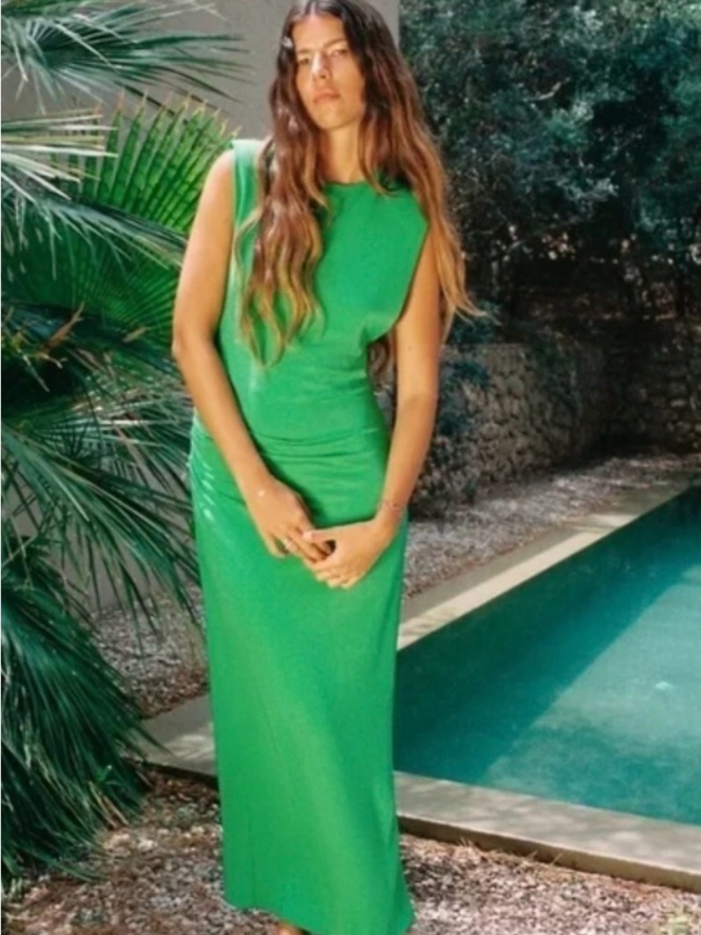 Zara Shoulder Pad Draped Dress Green REF. 4437/246